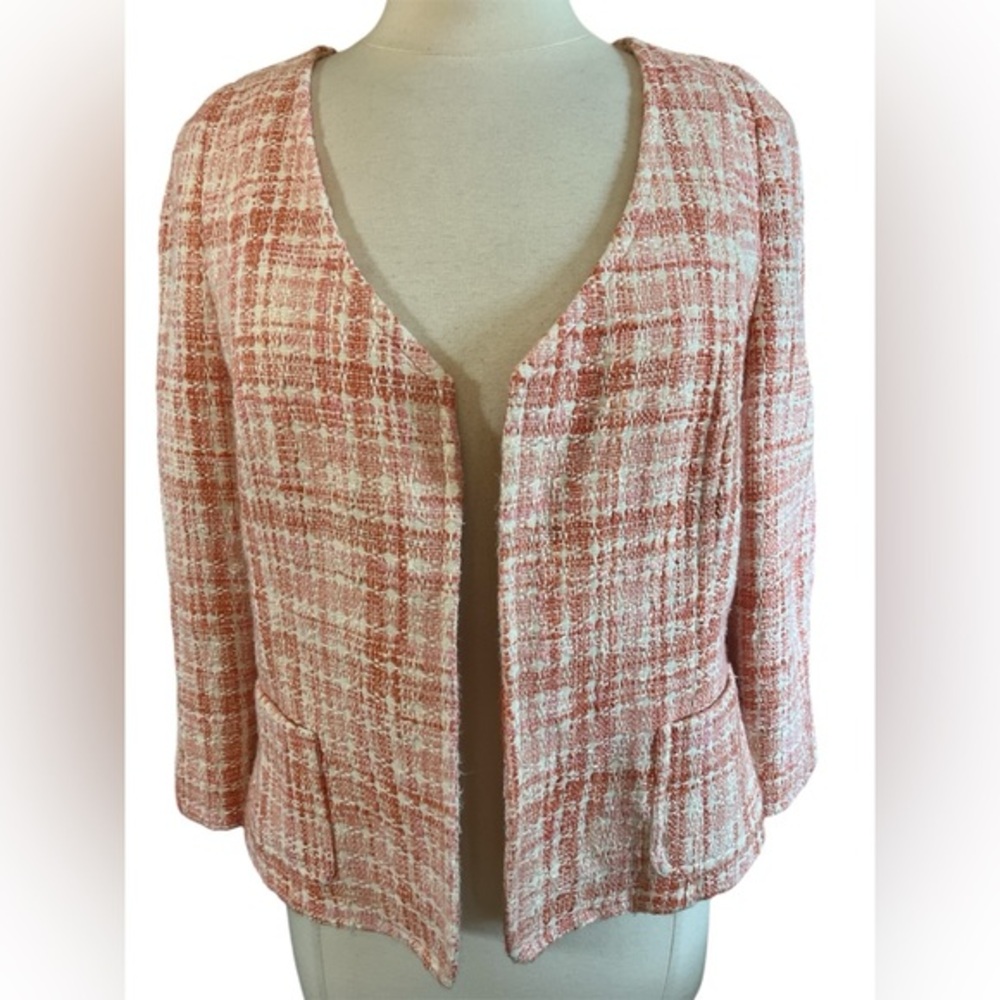 Talbots Orange,Pink & Cream Tweed Open Blazer w/pockets & Cropped Length Size 14